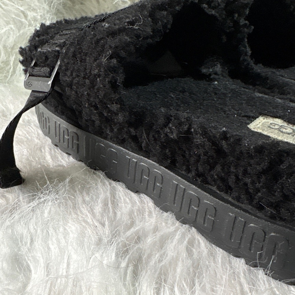 UGG Fluffita‎ Black Curly Sheepskin Platform Slide Sandals Womens Buckle Strap - Picture 6 of 8